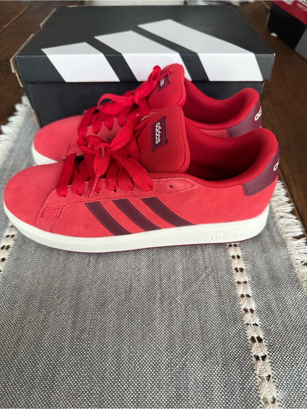 adidas Red Suede Low-Top Sneakers with Dark Red Stripes